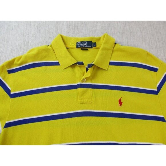 Polo‎ Ralph Lauren Polo Shirt Mens Large Yellow Striped Collared High Low Slit - Picture 3 of 10